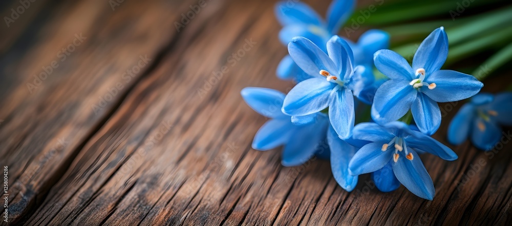 Blue Spring Flowers on an Old Wooden Table with a Rustic Background Blue Spring Flowers on an Old Wooden Table with a Rustic Background