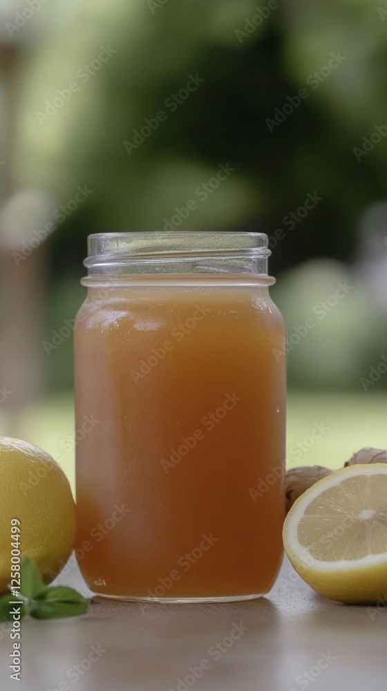 Elegant Raw honey lemon wedges and freshly grated ginger mixed into a homemade soothing syrup in a glass jar simple throat relief Elegant Raw honey lemon wedges and freshly grated ginger mixed into a homemade soothing syrup in a glass jar simple throat relief
