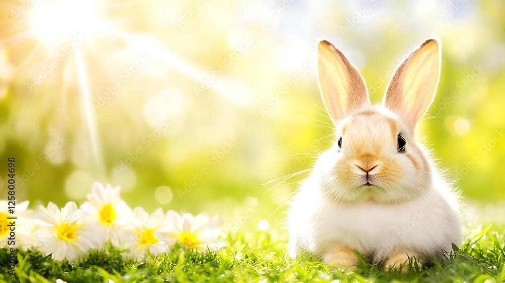 Adorable Springtime Bunny in a Meadow of Daisies Sunlight Streaming Through the Greenery Adorable Springtime Bunny in a Meadow of Daisies Sunlight Streaming Through the Greenery