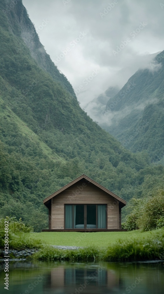 Elegant Serene meditation retreat nestled in misty mountains with wooden cabins surrounded by lush greenery and a calming stream mindfulness and tranquility Elegant Serene meditation retreat nestled in misty mountains with wooden cabins surrounded by lush greenery and a calming stream mindfulness and tranquility