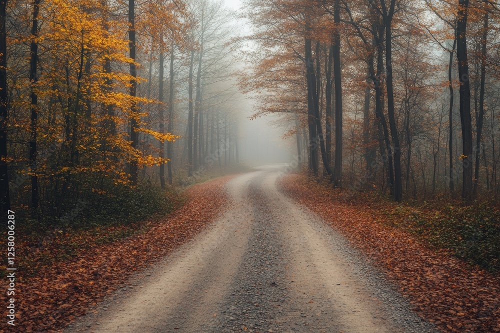 Fototapeta premium Aerial view of a forest road in autumn, with foggy weather and a grey sky. Captured using drone photography