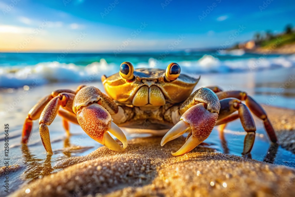 Close-up of Crab on Sandy Beach, Watching the Ocean Close-up of Crab on Sandy Beach, Watching the Ocean