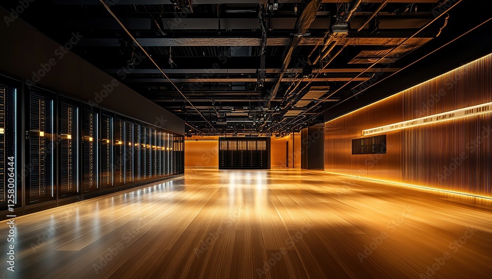 Exploring a Modern Building's Interior: Elegant Wood Floors, Warm Lighting, and Sleek Server Room Design, Showcasing Architectural Excellence. Exploring a Modern Building's Interior: Elegant Wood Floors, Warm Lighting, and Sleek Server Room Design, Showcasing Architectural Excellence.