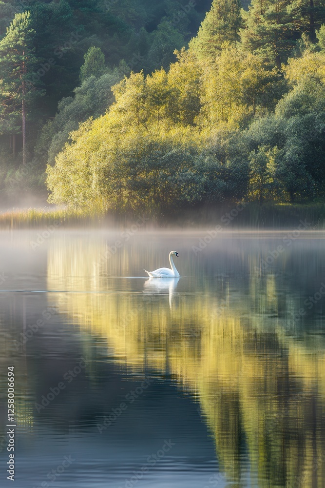 Fototapeta premium a swan moving gently across a calm lake, with the clear reflection of the bird and the surrounding scenery. The peaceful