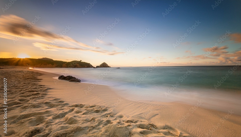 Fototapeta premium playa pariadisaca de arena fina blanca, con aguas cristalinas y cielo azul, en un precioso atardecer de hora dorada, concepto de postal de viaje