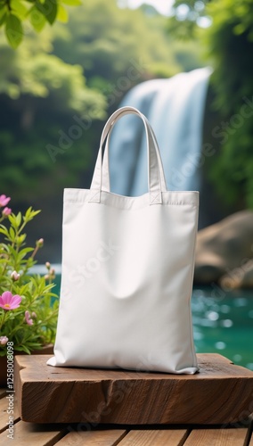 Nature-themed mockup of plain white fabric tote bag
