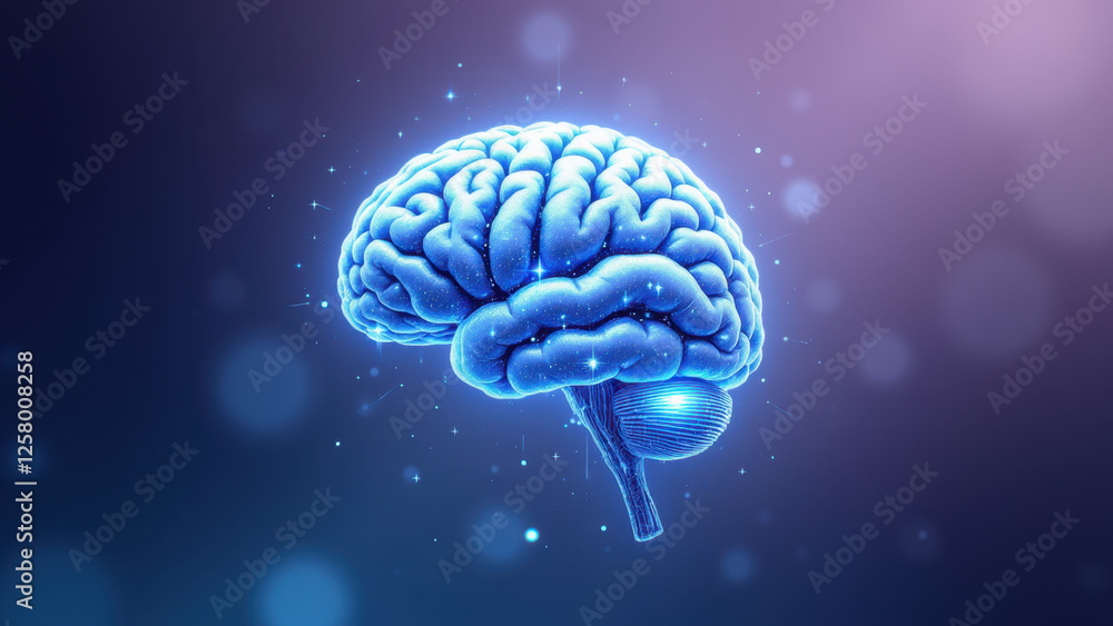 Obraz premium A digital illustration of a human-like brain set against a purple background with sparkles, symbolizing artificial intelligence or advanced cognition.