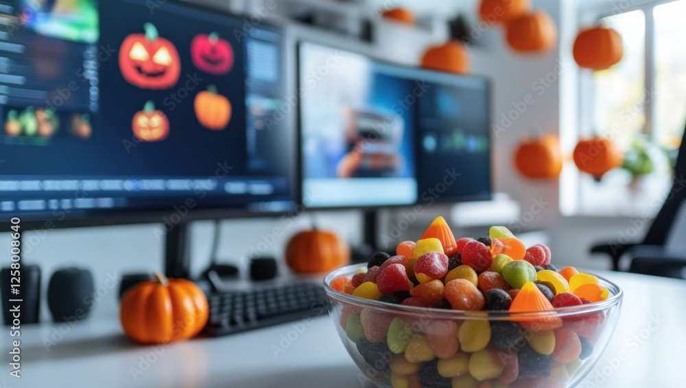 Naklejka premium Halloween Treats at the Computer Desk