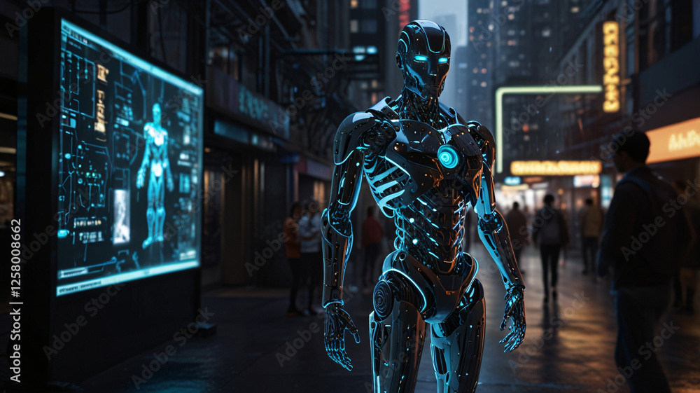 Naklejka premium Cyborg overlooking futuristic city at night.