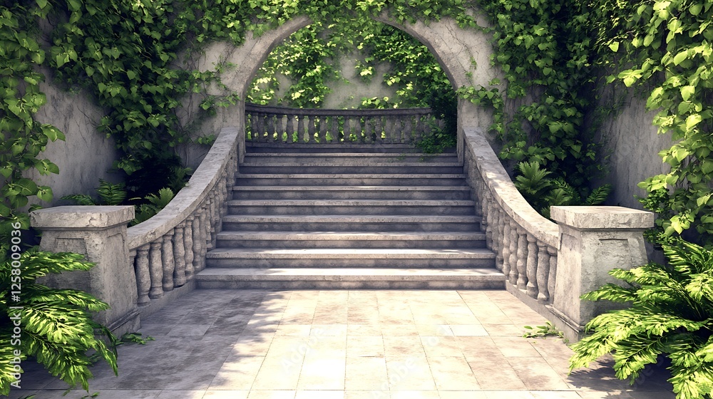 Ancient Stone Stairway with Ivy Covered Archway Leading to a Serene Green Garden Pathway