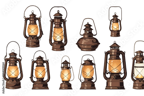 old kerosene lanterns set isolated on white background 