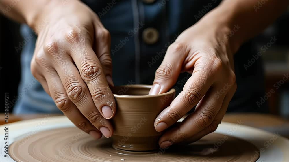 Skilled pottery artist shaping clay on a spinning wheel with hands covered in wet mud during creative process Skilled pottery artist shaping clay on a spinning wheel with hands covered in wet mud during creative process