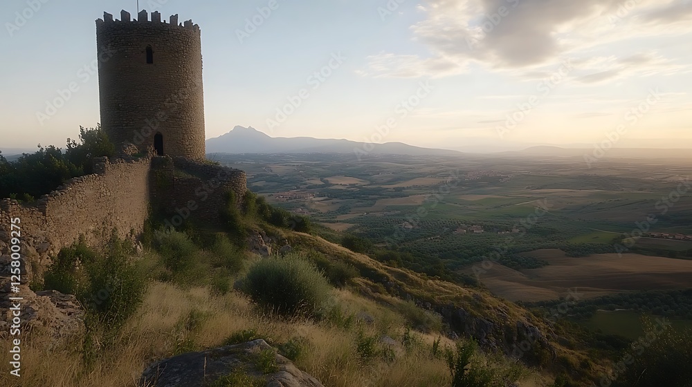 Ancient Stone Tower Dominates the Hillside in a Serene Landscape View Under Calm Evening Sky Ancient Stone Tower Dominates the Hillside in a Serene Landscape View Under Calm Evening Sky