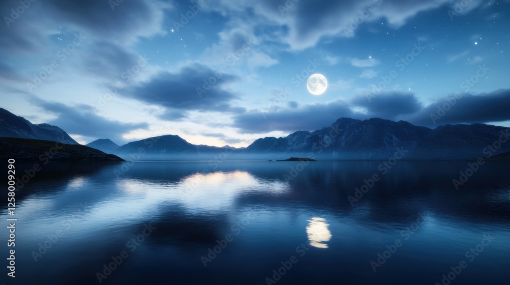Majestic full moon illuminating the night sky, soft floating clouds drifting gently, a serene and mystical atmosphere, stars twinkling in the background, deep blue hues, cinematic lighting Majestic full moon illuminating the night sky, soft floating clouds drifting gently, a serene and mystical atmosphere, stars twinkling in the background, deep blue hues, cinematic lighting