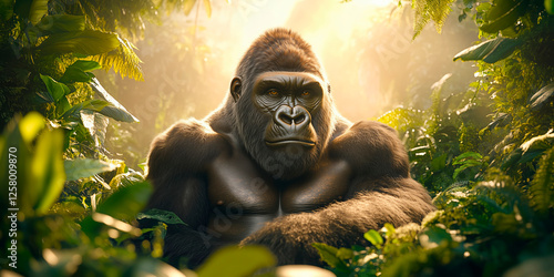 Gorilla observes its rainforest habitat with intense gaze