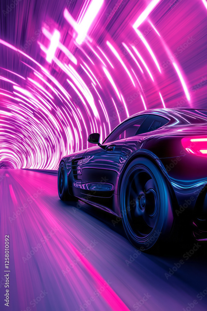 A dramatic side-angle shot capturing a glossy cyberpunk car zooming through a glowing tunnel, its A dramatic side-angle shot capturing a glossy cyberpunk car zooming through a glowing tunnel, its