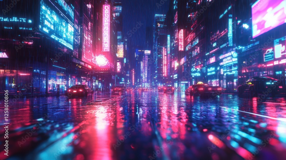 Glowing neon cyberpunk city street view with abstract digital rain effects, vibrant holograms and futuristic city atmosphere, background wallpaper AI generated image Glowing neon cyberpunk city street view with abstract digital rain effects, vibrant holograms and futuristic city atmosphere, background wallpaper AI generated image