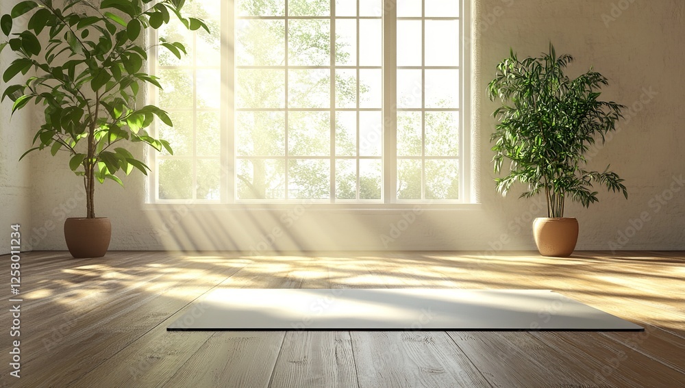 Sunlight Streams Through Window onto Wooden Floor with Yoga Mat, Plants in Pots, Creating a Serene Atmosphere for Relaxation and Mindfulness. Sunlight Streams Through Window onto Wooden Floor with Yoga Mat, Plants in Pots, Creating a Serene Atmosphere for Relaxation and Mindfulness.