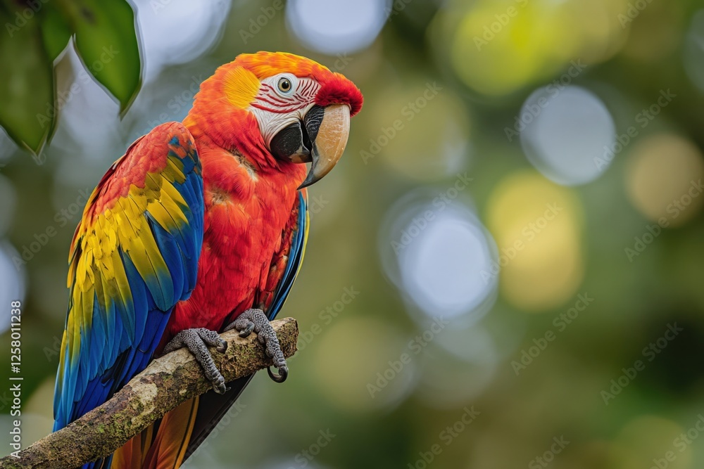 Obraz premium A vibrant, colorful macaw parrot sitting on a tree branch with its striking red and blue plumage.