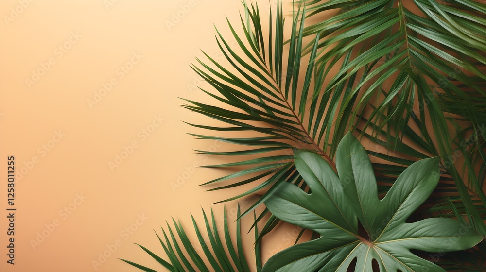 Lush Tropical Palm Leaves on Peach Background Summer Exotic Foliage Nature Design Lush Tropical Palm Leaves on Peach Background Summer Exotic Foliage Nature Design
