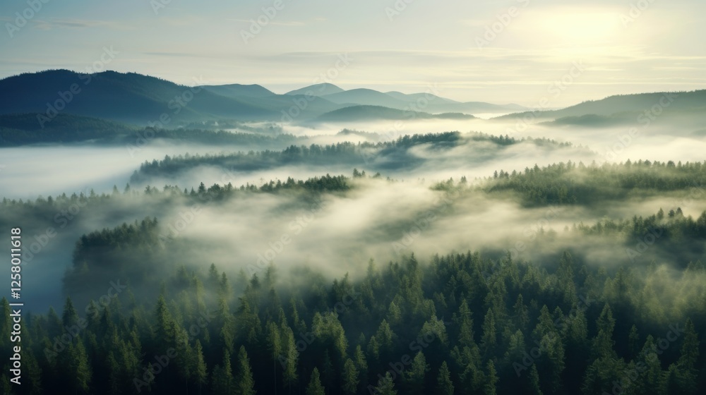 Fototapeta premium photograph of Aerial. Green pine forest in the aerial mist. Morning.