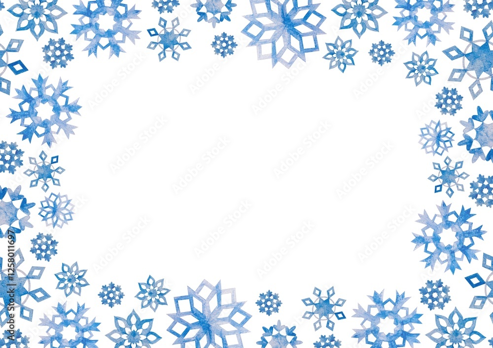 Rectangular frame of blue snowflakes. Hand drawn watercolor illustration isolated on white. For greeting cards, invitations, winter Christmas banners, labels. Rectangular frame of blue snowflakes. Hand drawn watercolor illustration isolated on white. For greeting cards, invitations, winter Christmas banners, labels.