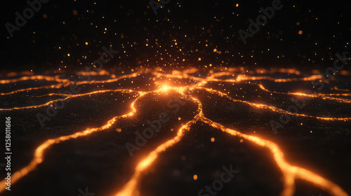 A surreal yet scientific depiction of neurons firing in unison, each link lighting up with pulses