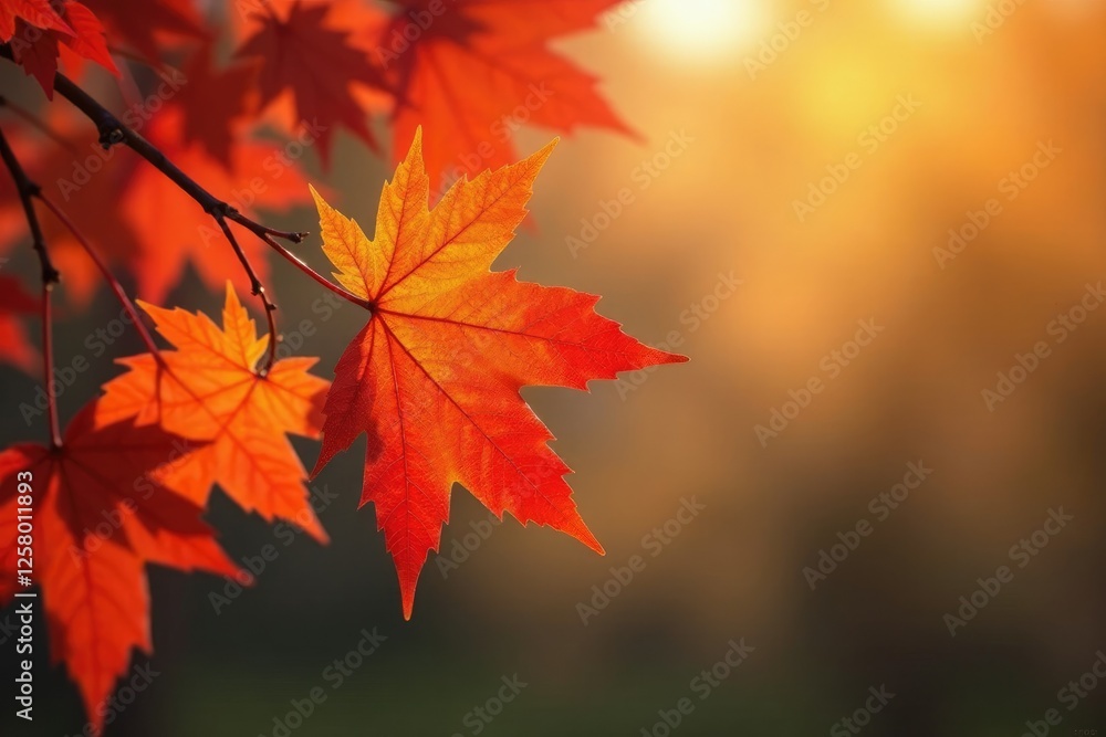 An orange maple branch with leaves and a soft focus autumnal scene, , foliage, red An orange maple branch with leaves and a soft focus autumnal scene, , foliage, red