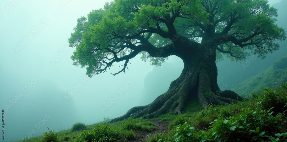 Fototapeta premium An ancient tree with gnarled branches rises above the mist, Twisted Trunk, Foggy Forest, Green Canopy
