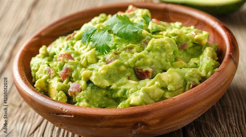 Delicious Homemade Guacamole Dip in Wooden Bowl Fresh Avocado Cilantro Garnish Mexican Cuisine Delicious Homemade Guacamole Dip in Wooden Bowl Fresh Avocado Cilantro Garnish Mexican Cuisine