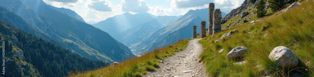Fototapeta premium Ancient stone pillars along a mountain trail in Adygea, trail, stone pillar, path
