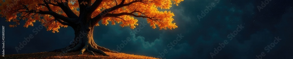 Ancient tree with golden leaves against dark space, leafy branches, forest Ancient tree with golden leaves against dark space, leafy branches, forest