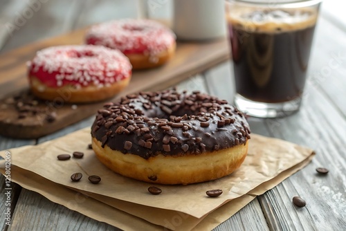 Delicious chocolate donut with coffee beans tasty sweet treat cup food dark cake wood rich brown photo