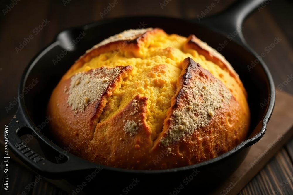 Artisan bread in cast iron with crackled crust and golden color, bread, baking Artisan bread in cast iron with crackled crust and golden color, bread, baking