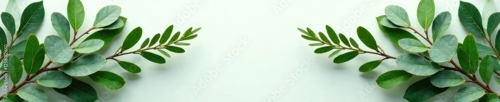 Fototapeta premium Asymmetrical eucalyptus and pine foliage arrangement, greenery, decoration, asymmetrical
