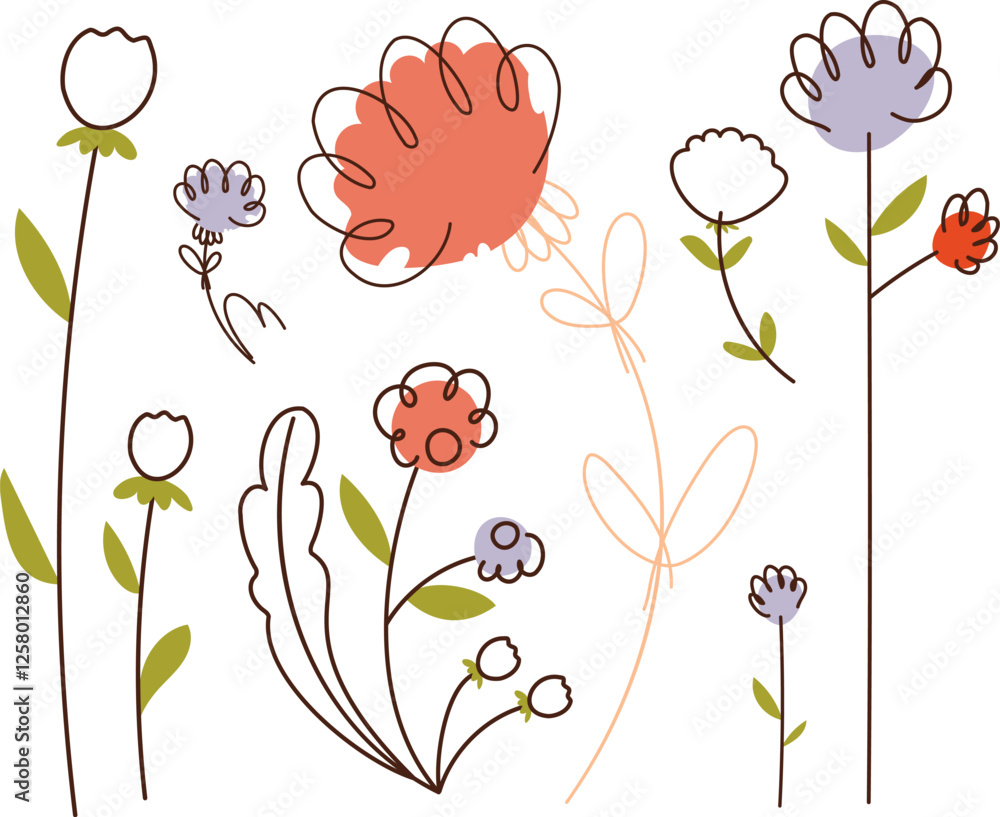 Fototapeta premium Minimalist digital illustration of delicate hand-drawn flowers and leaves in a whimsical style, featuring soft colors and playful line art.