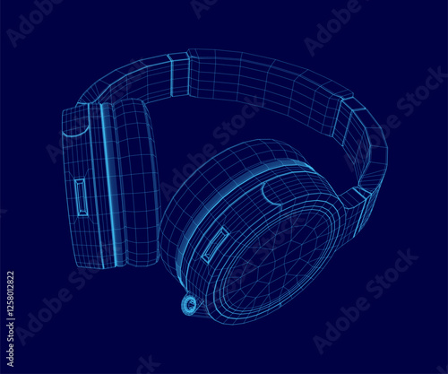A blue image of a headphones. The headphones are shown in a 3D format, with a focus on the ear cups. The headphones are designed to be sleek and modern, with a minimalist look