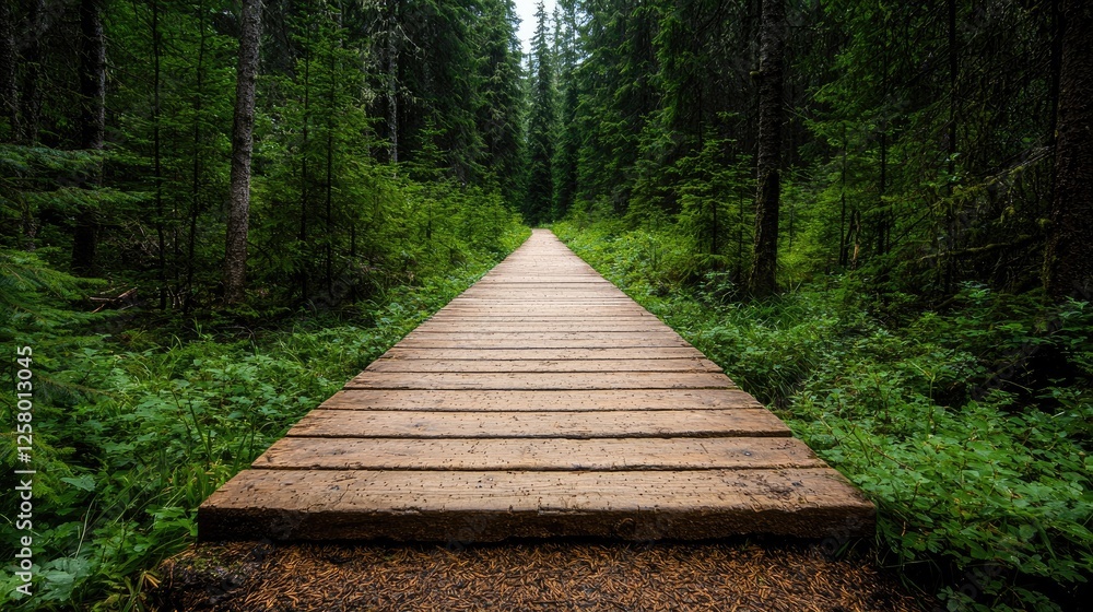 Obraz premium Wooden boardwalk through a forest, nature trail, tranquil scene, for hiking and exploring