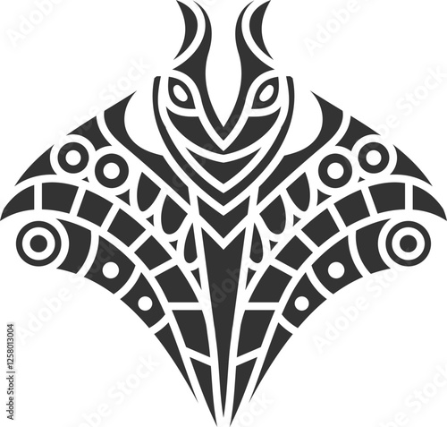 Black and white geometric manta ray artwork with intricate tribal patterns, bold symmetry, and abstract decorative details.
