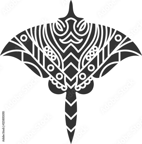 Black and white manta ray illustration featuring bold tribal patterns, symmetrical geometric shapes, and intricate abstract decorative elements.