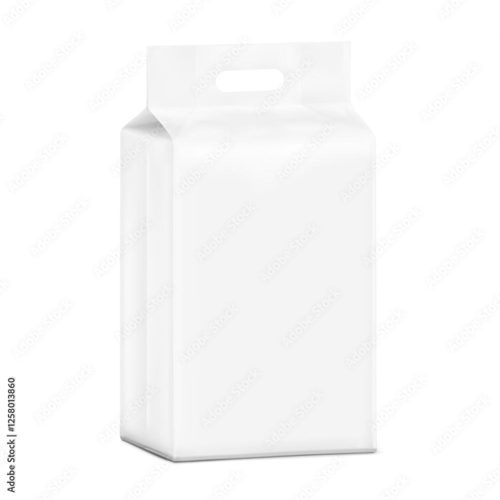 Realistic stand bag with hole handle mockup. Half side view. Vector illustration isolated on white background. Ready for your design. EPS10. Realistic stand bag with hole handle mockup. Half side view. Vector illustration isolated on white background. Ready for your design. EPS10.