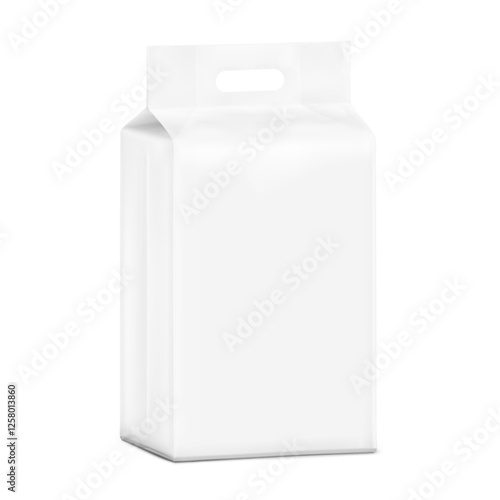Realistic stand bag with hole handle mockup. Half side view. Vector illustration isolated on white background. Ready for your design. EPS10.	