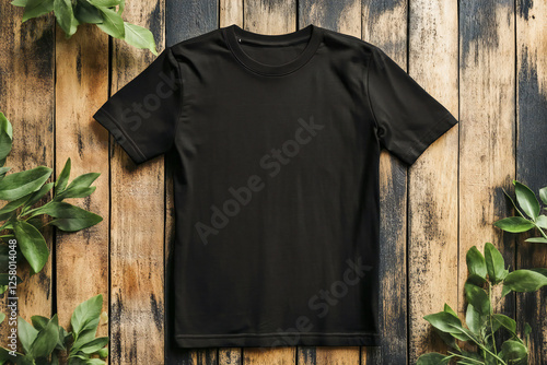 blank black t shirt on wooden background