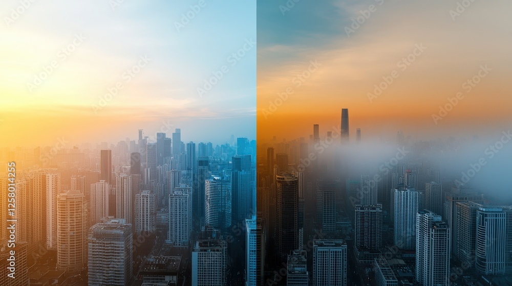 Fototapeta premium A before-and-after image of a city air quality improvement efforts.