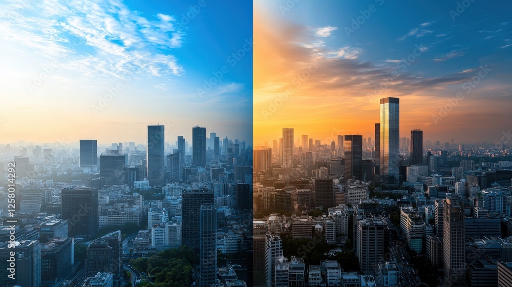 Fototapeta premium A before-and-after image of a city air quality improvement efforts.