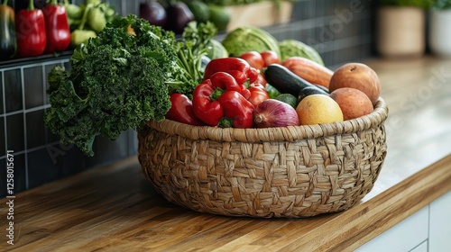 Wallpaper Mural A woven basket filled with fresh, colorful fruits and vegetables on a wooden countertop. Torontodigital.ca