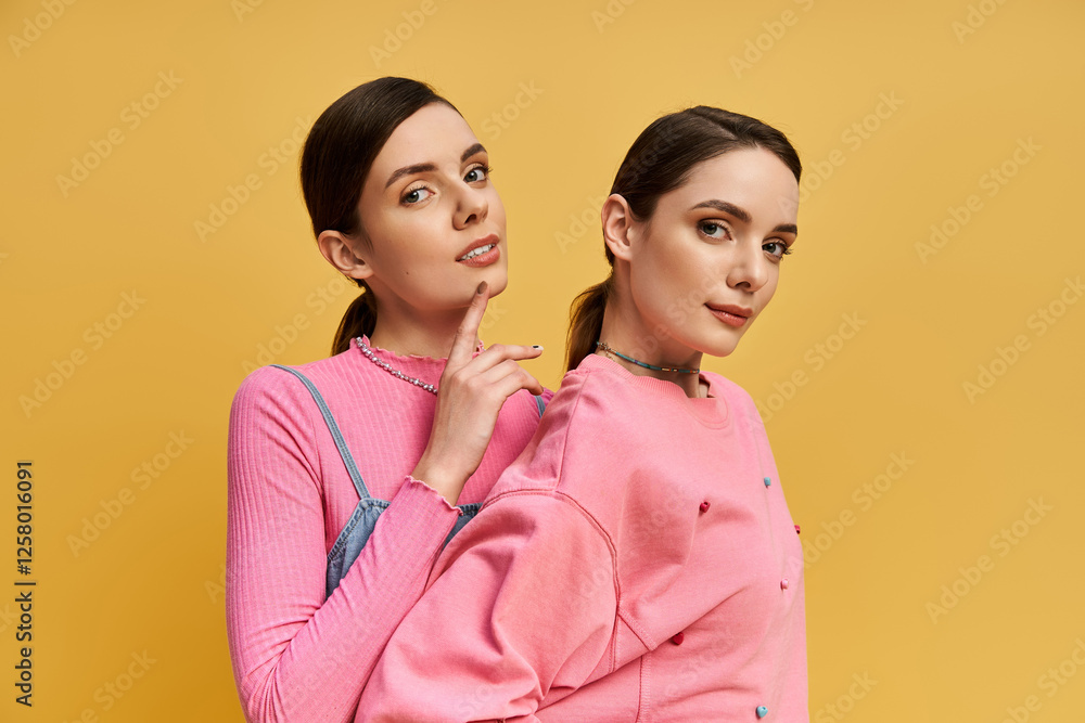 Twins sharing a playful moment against a vibrant yellow backdrop Twins sharing a playful moment against a vibrant yellow backdrop