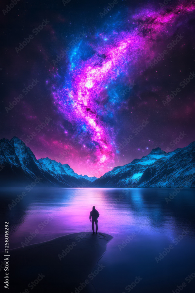 A reflective moment showing one person on a gentle slope, illuminated faintly by the vibrant galaxy A reflective moment showing one person on a gentle slope, illuminated faintly by the vibrant galaxy