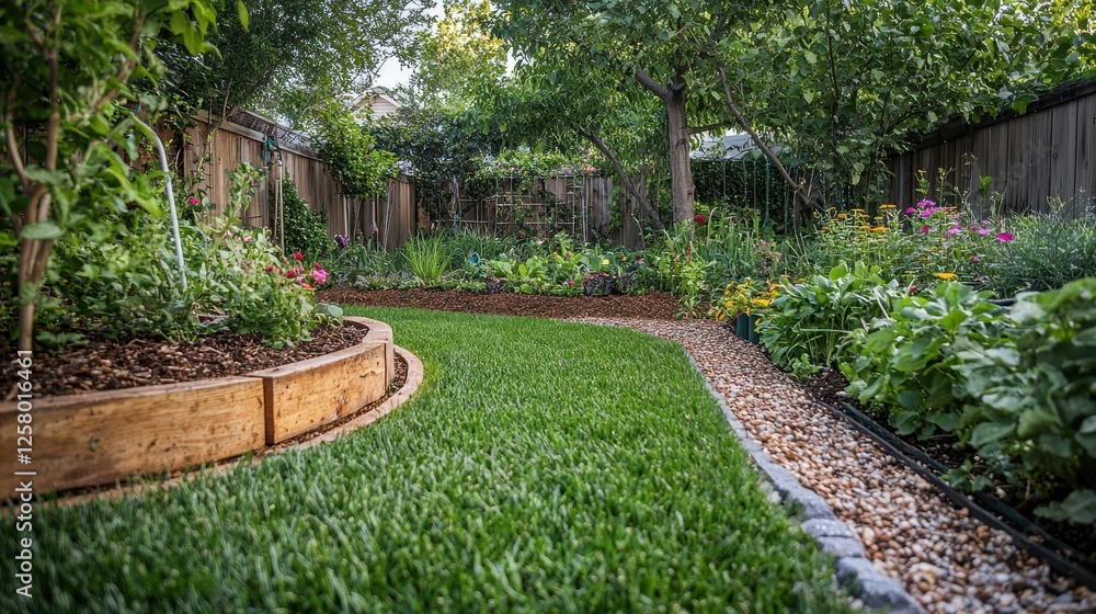 Lush garden pathway surrounded by vibrant greenery and flowers in a serene setting. Lush garden pathway surrounded by vibrant greenery and flowers in a serene setting.