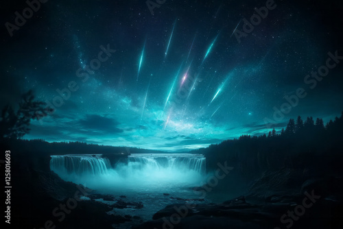 A breathtaking moment where shooting stars streak across the sky behind powerful cascades,